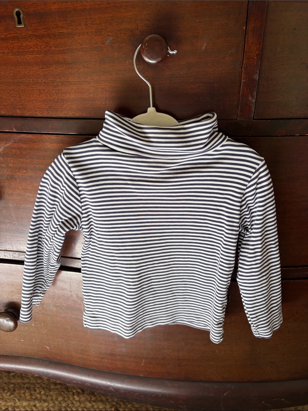 Little English boys navy blue and white striped turtleneck 2T